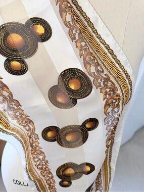 Vintage Elaine Gold Baroque Greek Key Medallion Long Scarf Cream